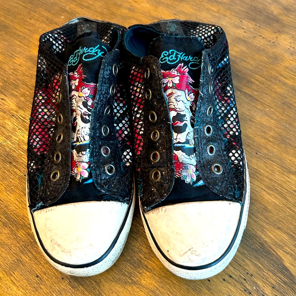 Ed Hardy VTG Y2K Womens 9 Fishnet Black Sneaker Tattoo Glitter Whimsigoth Grunge